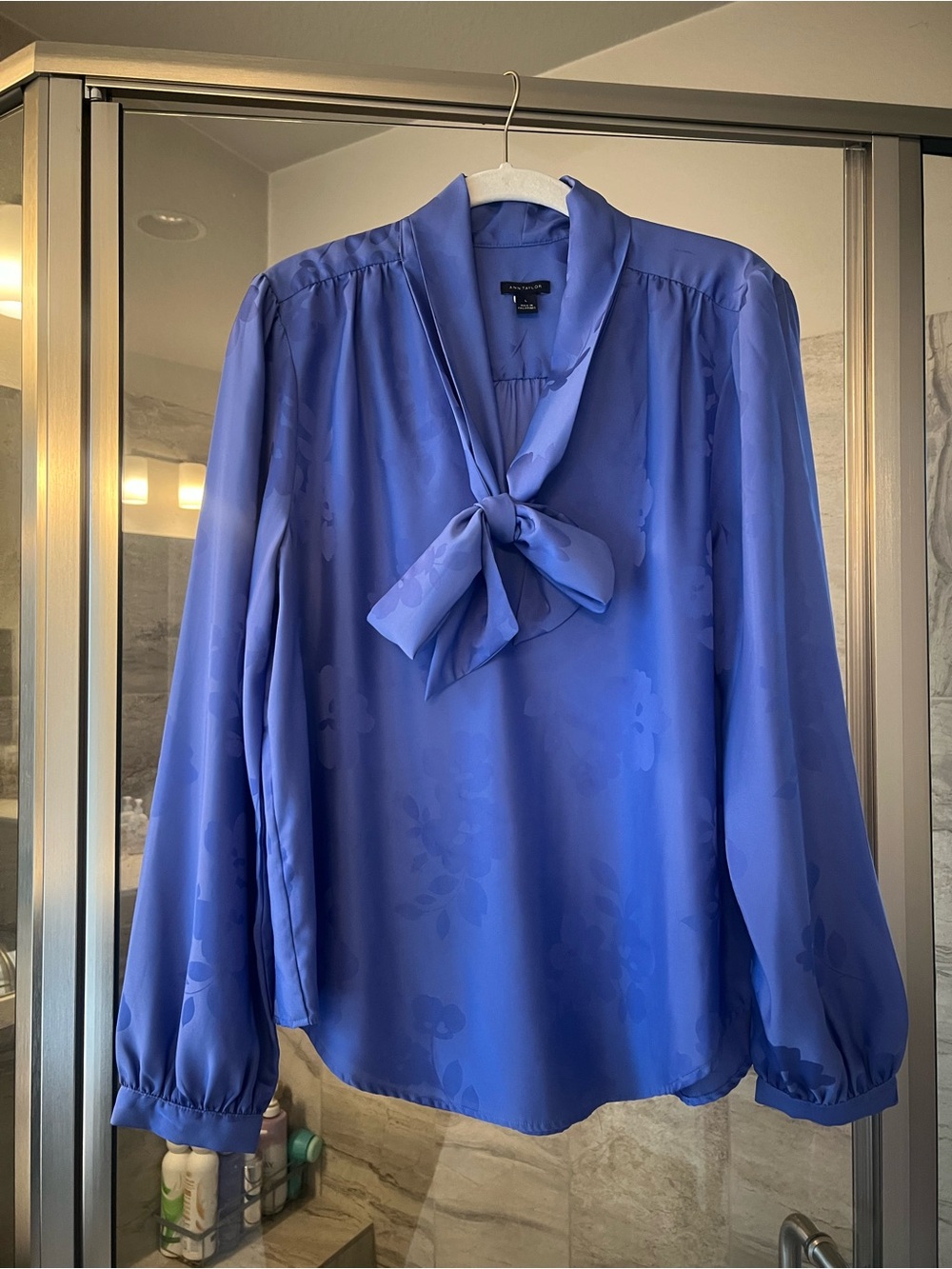 Ann Taylor Blue Floral Tie-Neck Blouse